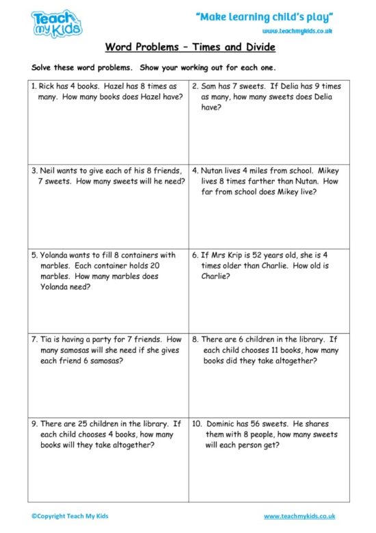 Worksheets for kids - word-problems-times-and-divide